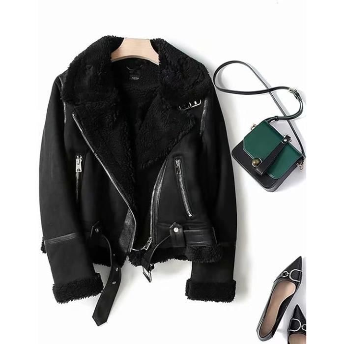 Veste de Motard pour Femme Veste Polaire en Fausse Fourrure Manteau Polaire Veste a Manches Longues Epais Zippe noir