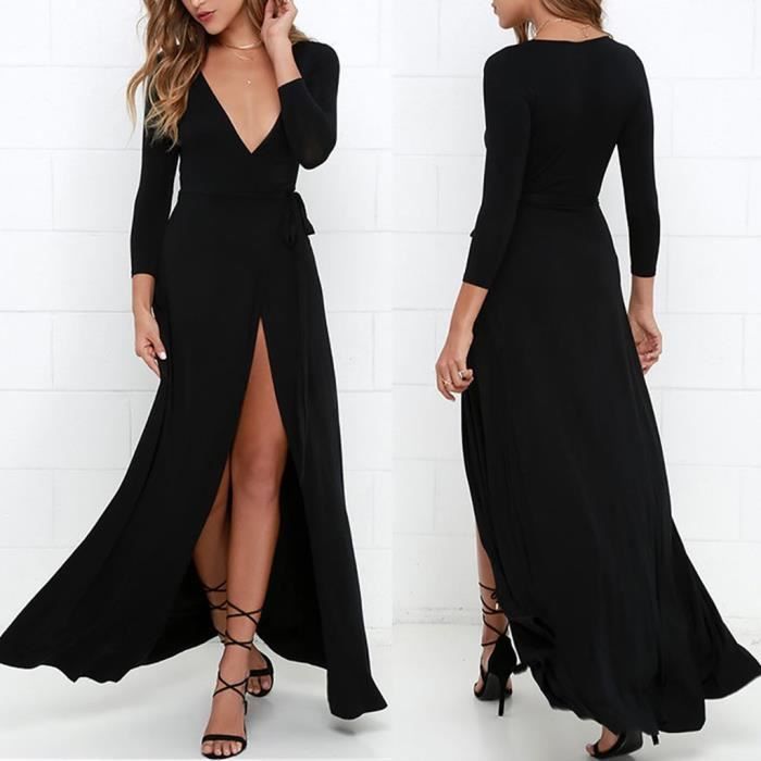 Sexy manches longues Femmes col V en maille à manches longues couleur unie  Robe @TRN06 Noir - Cdiscount Prêt-à-Porter
