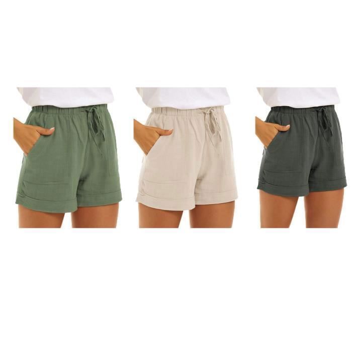 HVEPUO Short Été Femme Coton Lin Élastique - Jambes Larges, Poches, Vert Armée
