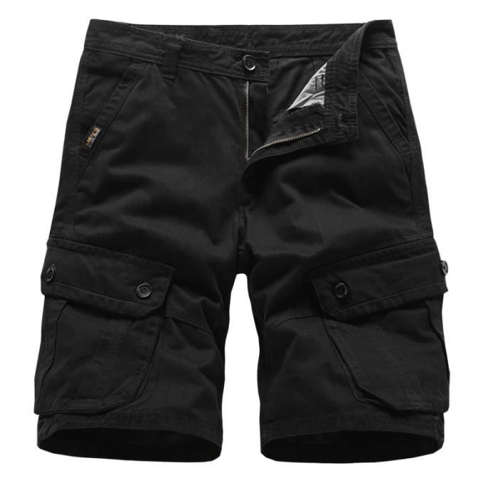 Bermuda Homme,Bermuda Cargo Hommes Multi Poches,Casual Bermuda Homme en Coton Plage-Noir