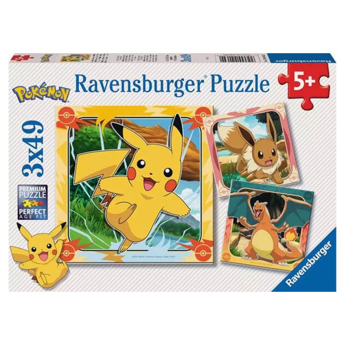Puzzle enfant Pokémon - RAVENSBURGER - Lot de 3 puzzles - 49 pièces chacun - Pikachu Dracaufeu Evoli - Dès 5 ans