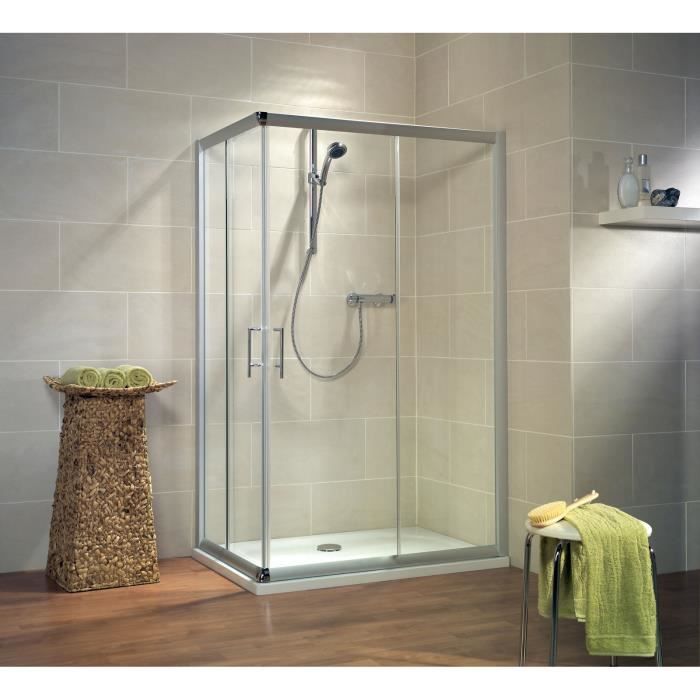 Paroi de douche accès dangle 100x80x185 cm avec portes coulissantes verre transparent profilé alu nature Schulte