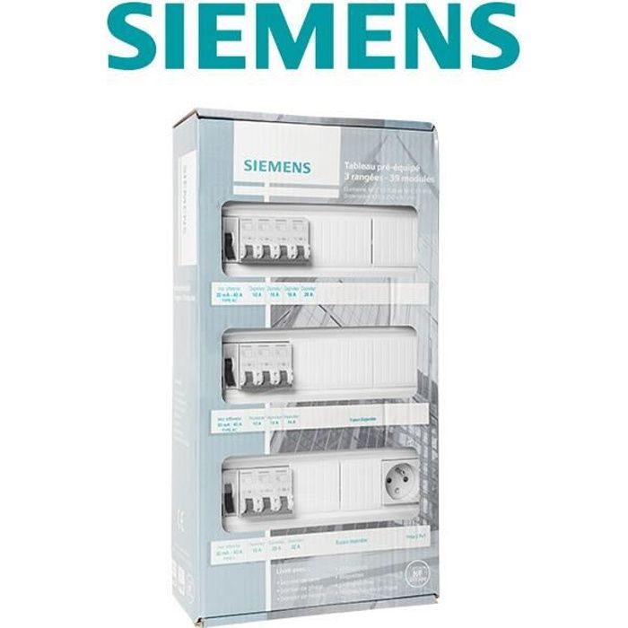 Tableau électrique pré-équipé 3 rangées 39 modules 10 disjoncteurs 3 interrupteurs différentiels + prise 2P + T