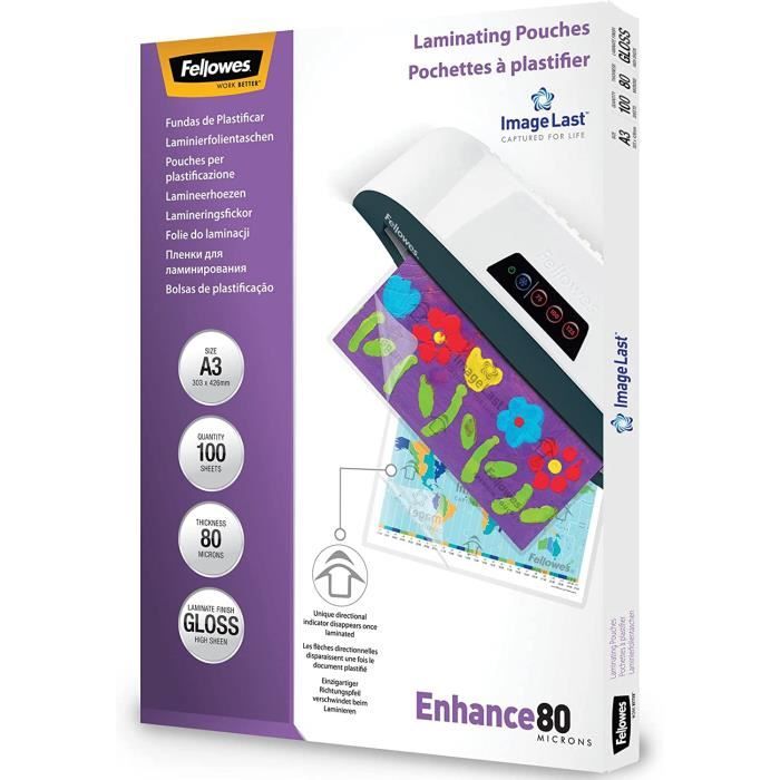 Pack 25 Pochettes Plastification A3 125 Microns Fellowes – Finition Brillante ImageLast, Protection Premium Pour Photos, Affiches, Diplômes Et Documents