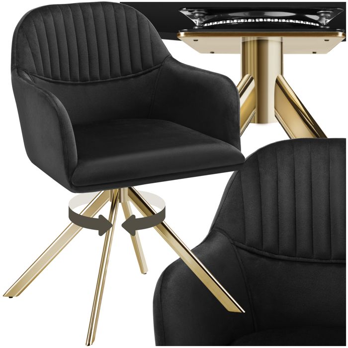 Chaise - TECTAKE - Fauteuil LONA pivotant en velours matelassé et rembourré dossier arrondi 56 x 59 x 81 cm - Noir/Or