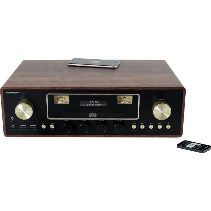 THOMSON MIC256IBT - Micro chaîne CD/MP3/USB - 50W - 20 stations mémorisables - Chargeur Induction - Bois/Marron