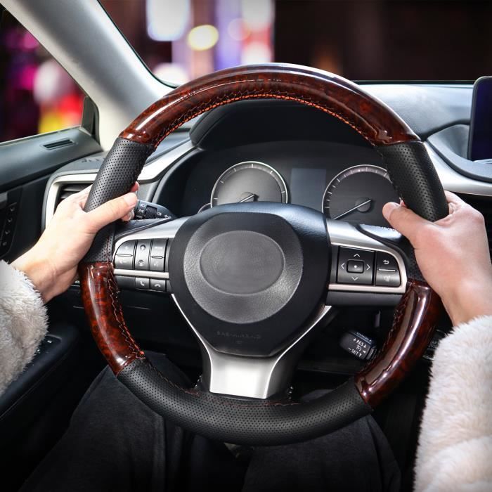 Couvre-volant En Cuir Microfibre à Grain En Bois - XUKEY - 38cm - Café - Couture à La Main