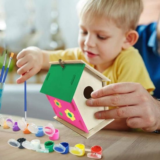 Kit Maison D'Oiseau DIY 4 Pièces - Construire Et Peindre Son Nichoir En Bois Avec Peintures, Pinceaux Et Accessoires, Jouet Créatif Éducatif Pour Enfants Filles Garçons Dès 6 Ans