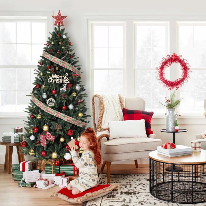 Sapin De Noël Artificiel 180cm Avec Effet Neige, PVC Arbre De Noël Pour