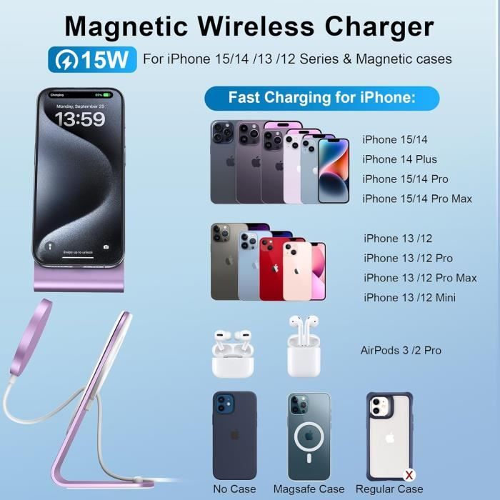 Chargeur sans fil pour iPhone 15 Pro, station de charge sans fil 3 en 1  compatible avec iPhone 15/14/13/12 Pro Max, support de chargeur sans fil  pour