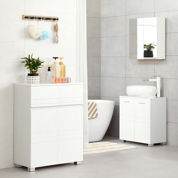 Meuble Salle De Bain VASAGLE 80 Cm - 2 Tiroirs, Paniers Rotin, Blanc