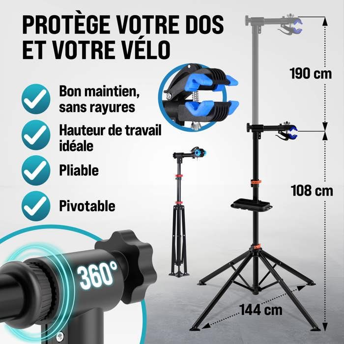 Pied d'atelier pliable MZH190 vélos 108-190cm réglable hauteur 25