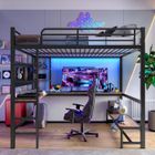 LEYTN Lit mezzanine adulte 140x200 cm Lit enfant en fer avec bureau étagères bande LED ports USB barrière et sommier à lattes