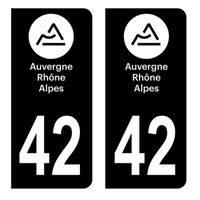 Autocollants Stickers plaque immatriculation voiture auto département 42 Loire Logo Région Auvergne-Rhône-Alpes Full Noir Lot de 2