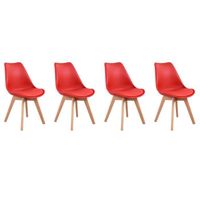 Lot de 4 chaises scandinaves NORA rouge avec coussin - HAPPY GARDEN - Bois massif - 4 places - Intérieur