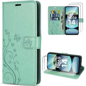 Coque Portefeuille Effet Cuir Vert à Motifs Fleuris Pour Redmi Note 14/14 Pro/14C