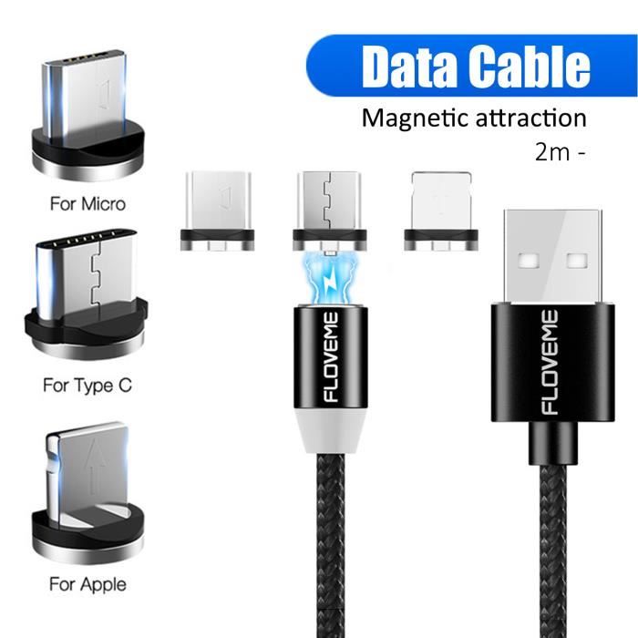 Câble de Chargeur Magnétique, 3 en 1 3A Charge Rapide et Synchro Données  Câble Aimanté avec Micro USB, Type C, Ip Adaptateur pour Phone, Android  Samsung, Huawei, Kindle (2m, Noir) : : Informatique