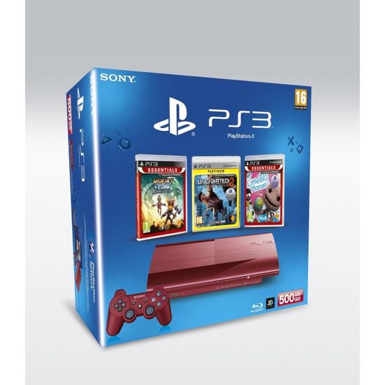 Console PS3 500 Go Rouge Pack Ratchet, Uncharted 2 et Little Big Dual Shock inclus