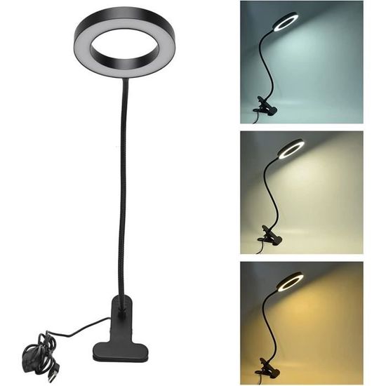 Lampe LED USB à Pince Tactile, 3 Modes D'éclairage, Luminosité Réglable