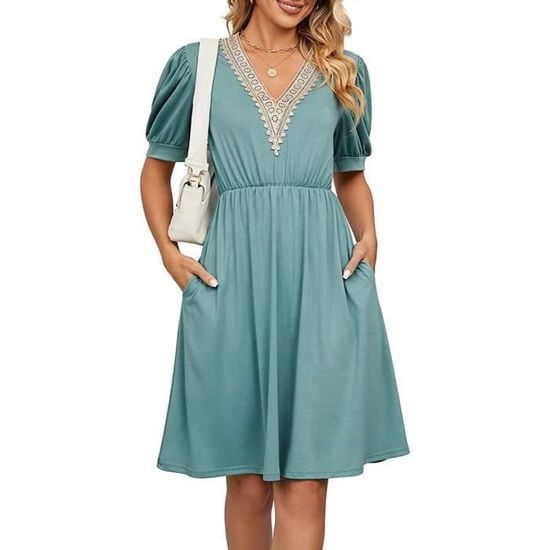Robe femme ete Robe de plage V col volants Longueur genou Vert clair Vert clair Cdiscount Pret a Porter