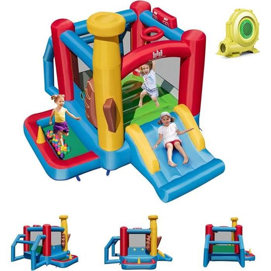 GOPLUS Château Gonflable avec gonfleur de 680 W, Toboggans, Zone de