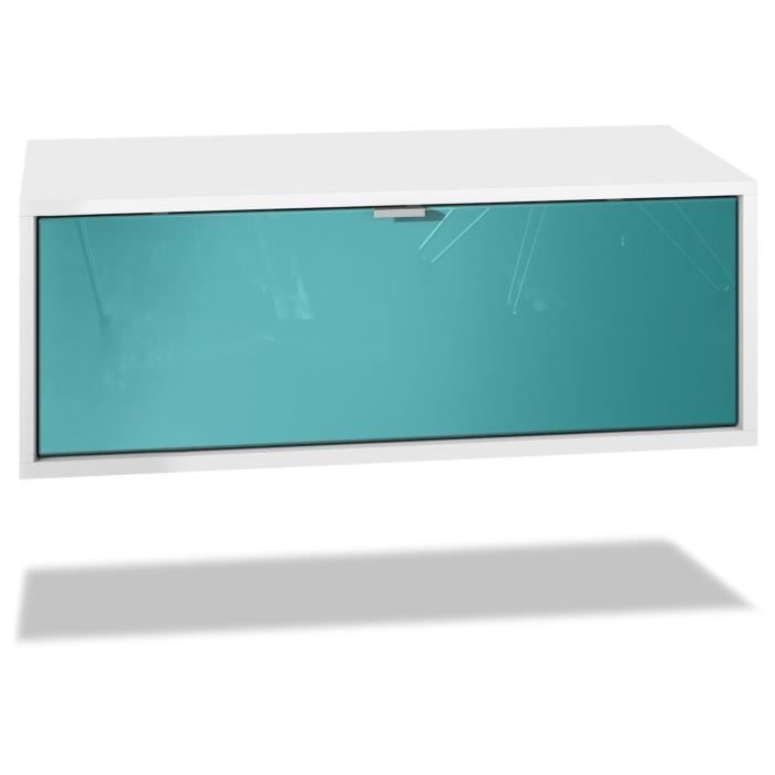 vladon meuble tv lana 140 armoire murale lowboard 140 x 29 x 37 cm, caisson en blanc mat, façades en turquoise haute brillance