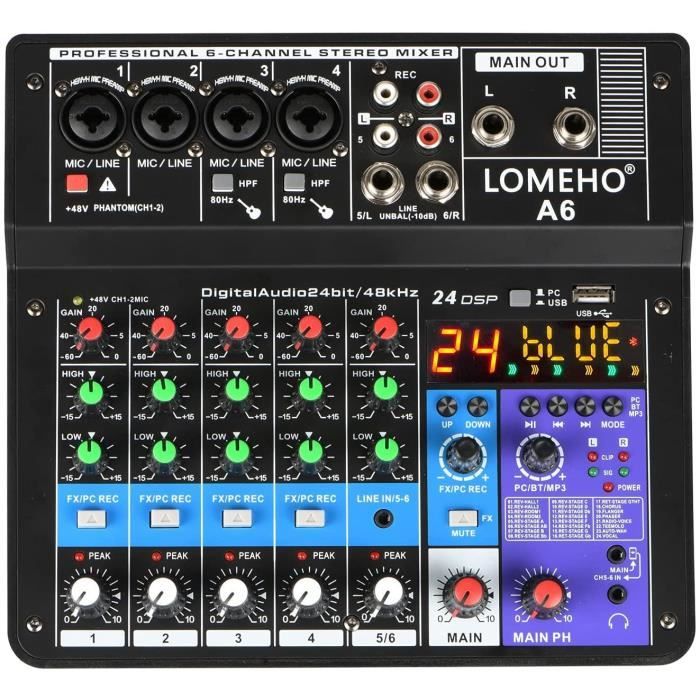 Mixeur Usb Bluetooth Aveek Mixer Audio 5 Canaux - USB, Bluetooth, Réverbération - Pour Streaming, Podcast, Enregistrement Alimentation Fantôme 48V