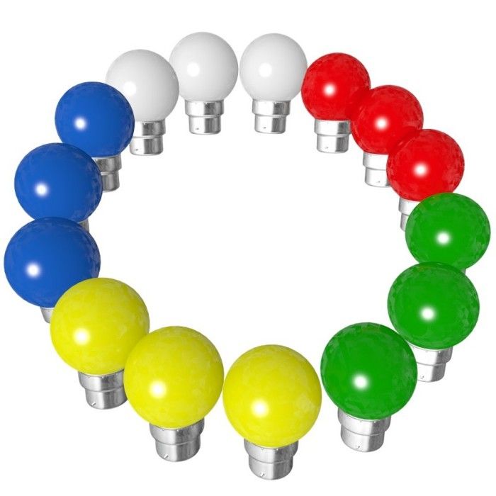 Lot de 15 ampoules bleues blanches rouge vertes jaunes B22 Incassables avec culot en fer