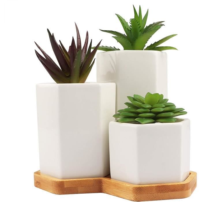 Pot de Fleur (Lot de 3)Blanc, Pot Plante en Céramique Hexagonaux pour les Plantes Grasses avec Trou de Drainage et Plateau en Bambou