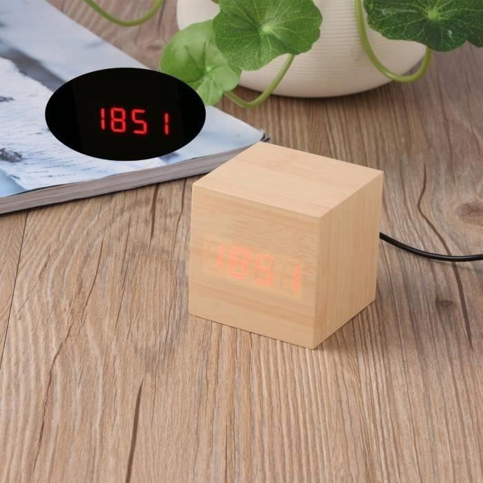 LED Réveil Numérique en Bois-Horloge Digital Cube-Thermomètre Date Affichage Tactile Activé MKK62
