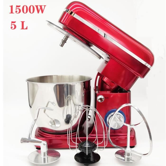 Robot Pâtissier, Robot avec Kit pâtisserie (Fouet, Batteur, Crochet), Bol en Acier Inoxydable de 5L, 6 Vitesses avec Pulse, 1500W