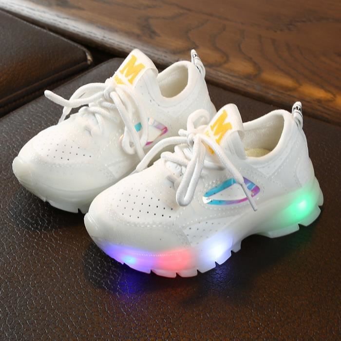 Enfants bébé filles garçons respirant maille Led lumineux Sport course baskets chaussures Blanc_bb321