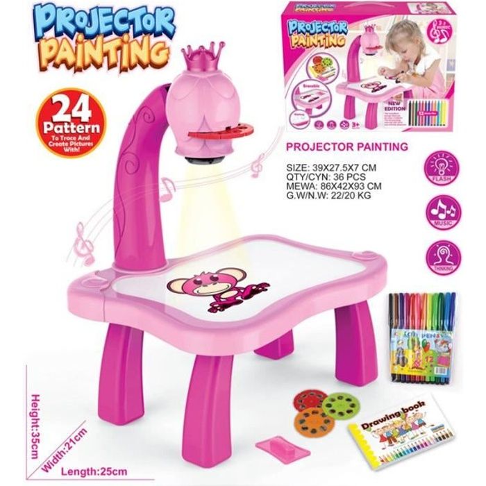 Table de projecteur de Dessin pour Enfants Table Musical éducatif d'apprentissage Ensemble de Peinture avec stylo de peinture - ROSE