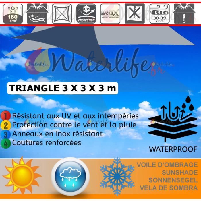 Voile d'ombrage 3x3x3m Imperméable Gris – Inox