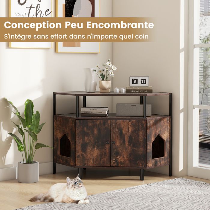 Meilleurs prix pour GOPLUS Enceinte de Bac à Litière pour Chat, Meuble de Toilette Caché pour Chat avec Étagère Ouverte, 2 Entrées, Marron Rustique