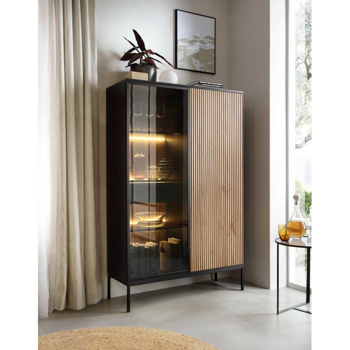 Vitrine haute - TOSENA - 2 portes avec tiroir et éclairage LED - Noir/Chêne Wotan