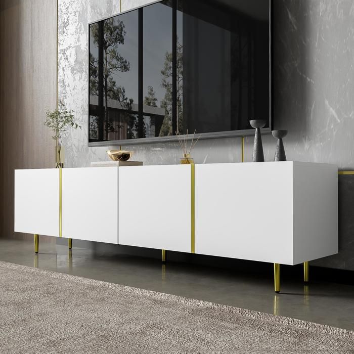 Meuble TV L 170cm - avec 4 portes - MDF - Blanc