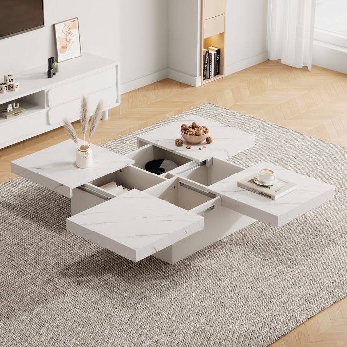 Table basse carrée blanche moderne aspect marbre 90 x 90 x 25 cm - quatre tiroirs plateau coulissant capacité de charge jusqu
