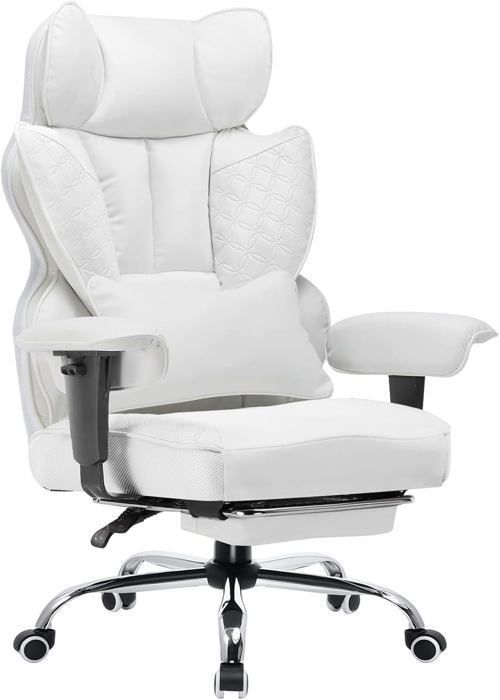 Chaise de bureau - COMHOMA - Chaise de gaming - Accoudoirs réglables - Soutien lombaire à ressorts ensachés - Cuir PU blanc