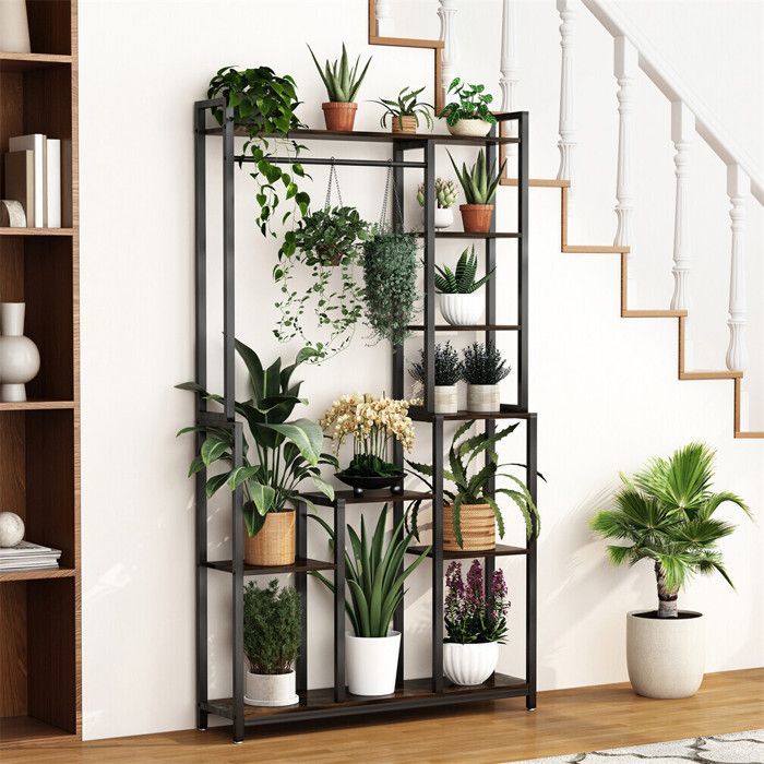 Support de Plante Interieur en Métal et en Bois - Meuble pour Fleurs à 7 Niveaux pour Salon Balcon - 98x23.8x180cm