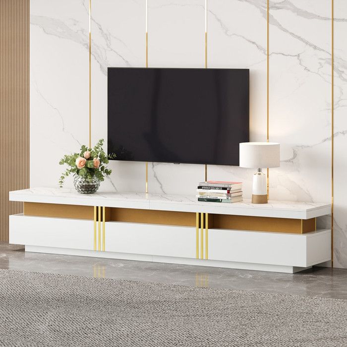 Meuble TV Moderne avec Imitation Marbre Commode TV avec 3 Tiroirs pour Télévisions Max 90 Pouces 200x40x42 cm Blanc et Or Meuble TV Moderne avec Imitation Marbre Commode TV avec 3 Tiroirs pour Télévisions Max 90 Pouces 200x40x42 cm Blanc et Or