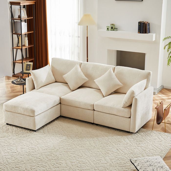 Canapé dangle en L - MODERNLUXE - 3-4 places - Repose-pieds amovible - 4 coussins inclus - Tissu chenille - Beige