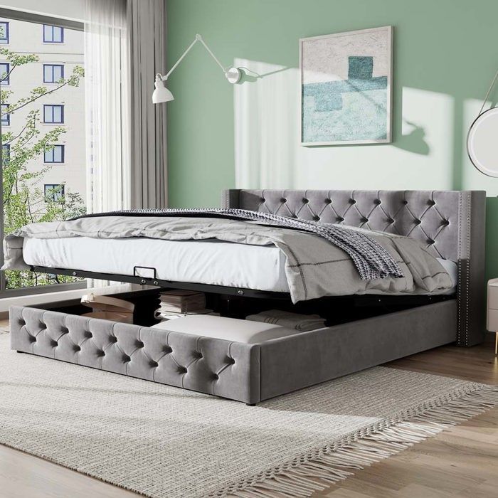 Lit coffre - Chesterfield Steel - 140 x 190 cm - Velours gris - Tête de lit capitonnée