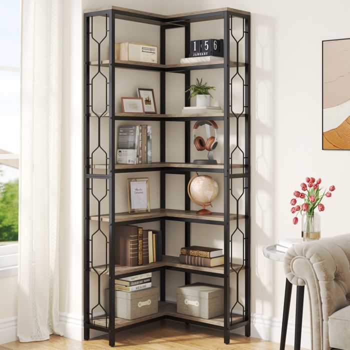 Bibliothèque dangleLittle Tree7 Niveaux200 cm Étagère daffichage autoportante en Bois Pour SalonBureauBrun Rustique