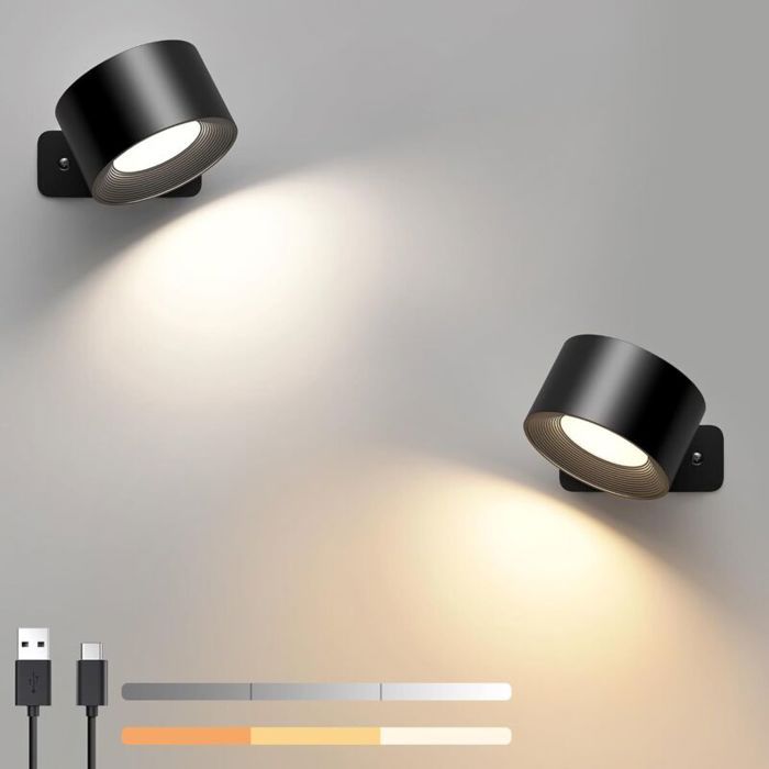 Lot de 2 Appliques Murales LED Intérieur Tactile et Télécommande USB Rotation 360° Chambre