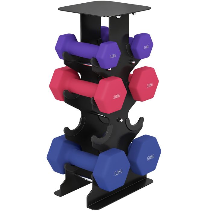 Lot dhaltères - SPORTNOW - forme hexagonale - support de rangement inclus - métal - 2x1kg 2x3kg 2x5kg - noir