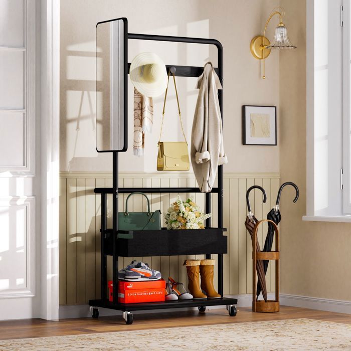 Porte-vêtements Solide BELLEMAVE - Porte-manteau Mobile à Roulettes - Panier + Miroir + Barre de Suspension - 70×40×170 cm - Noir