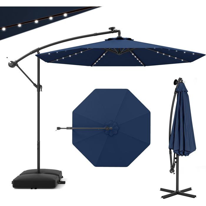 GIANTEX Parasol de Jardin Extérieur avec Pied - 3x3M - 40 Lampes Solaires - Inclinable - Manivelle - 8 Baleines - UPF50+ Bleu