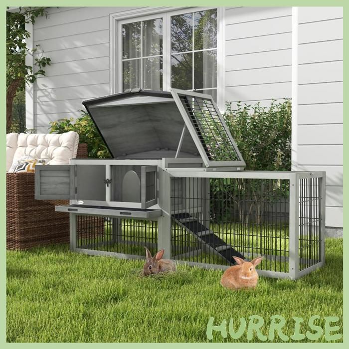 Cocosity Clapier De Sol Cage À Lapin Cottage Niche Supérieure Avec Rampe Enclos Extérieur 150 X 52 X 68 Cm Gris