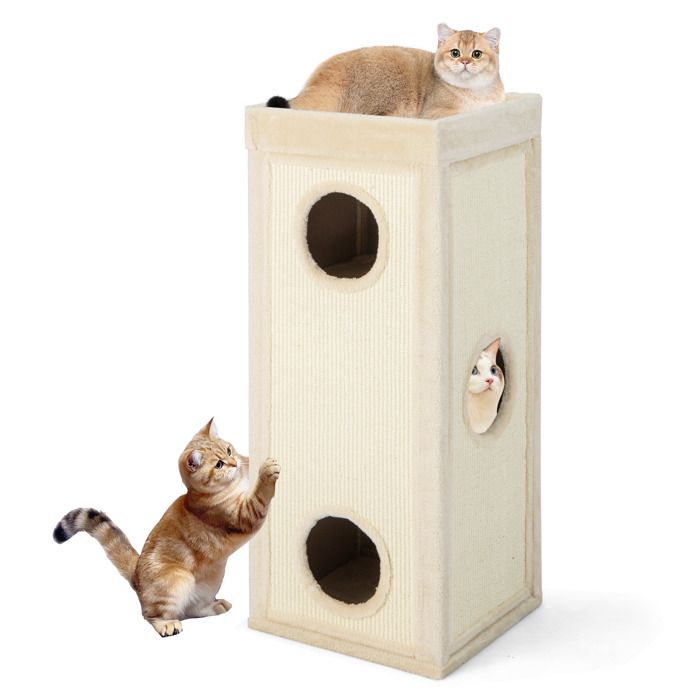 Meilleurs prix pour Arbre à Chat 99cm à 4 Étages COSTWAY 3 Condos Caché pour Chat Poteaux à Griffer 4 Coussins en Peluche Forme de Tonneau Naturel